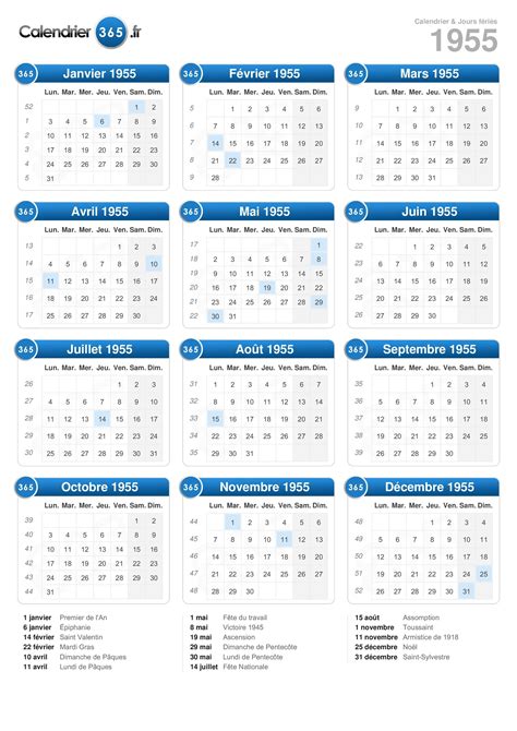 calendrier 1955 jour et mois